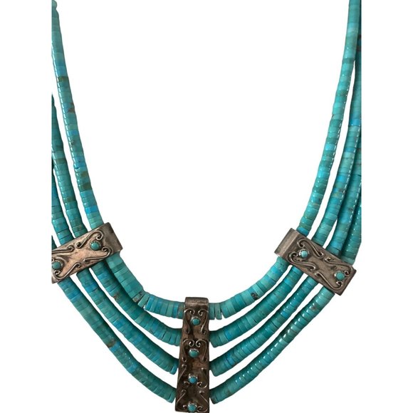 Arizona turquoise & silver navajo 4 string necklace - Picture 4 of 9